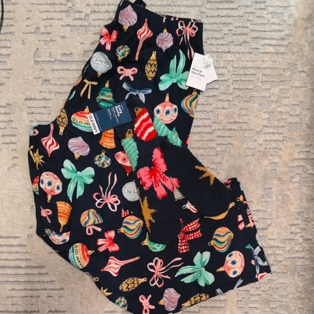 NWT - Old Navy Festive Ornament Print Pajama Pants and Matching Fuzzy Socks